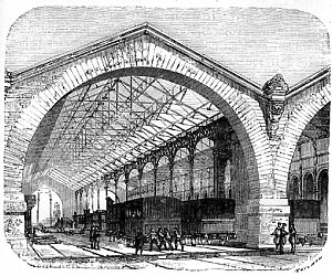 Vue intérieure de la gare de Paris ; chemin de fer de l'Ouest