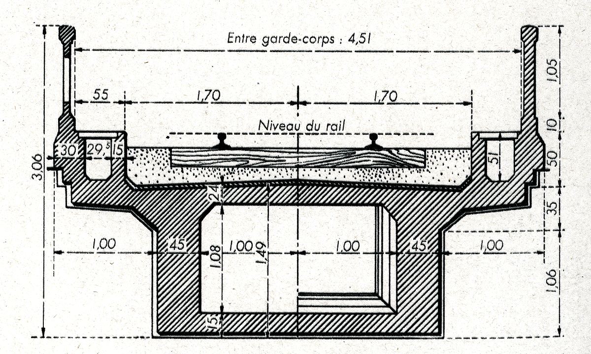 RECONSTRUCTION DU PONT DE COUILLY SUR LE GRAND MORIN (1941) • TABLIER EN BÉTON ARMÉ (COUPE TRANSVERSALE)