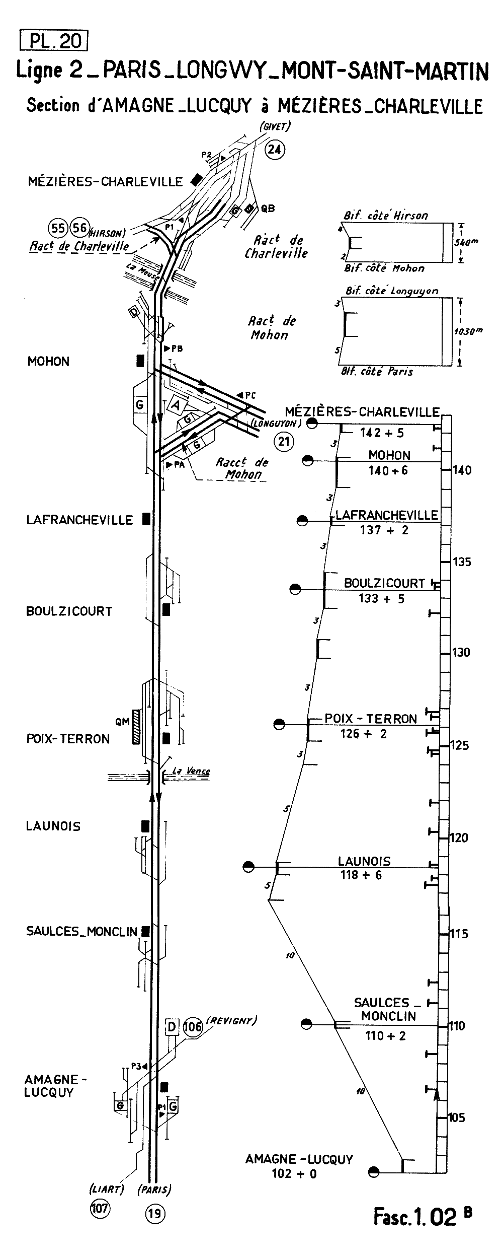 LIGNE 2 • PARIS - LONGWY - MONT-ST-MARTIN • SECTION AMAGNE-LUCQUY - MÉZIÈRES-CHARLEVILLE • PROFIL ET SCHÉMA (1962)