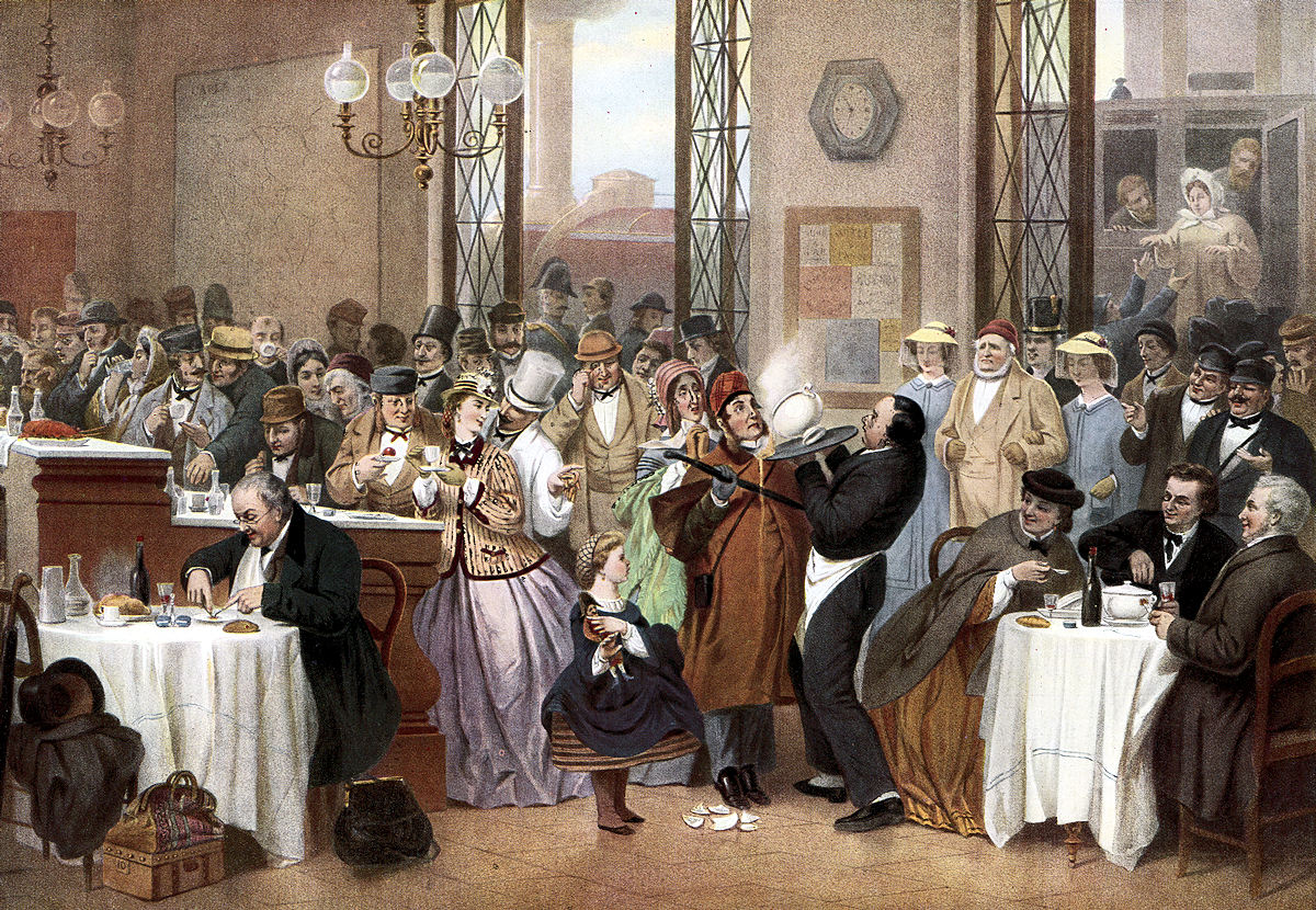 UN BUFFET DE CHEMIN DE FER EN 1864 PEINTURE DE GUSTAVE DROZ (PARIS 1832, 1895)