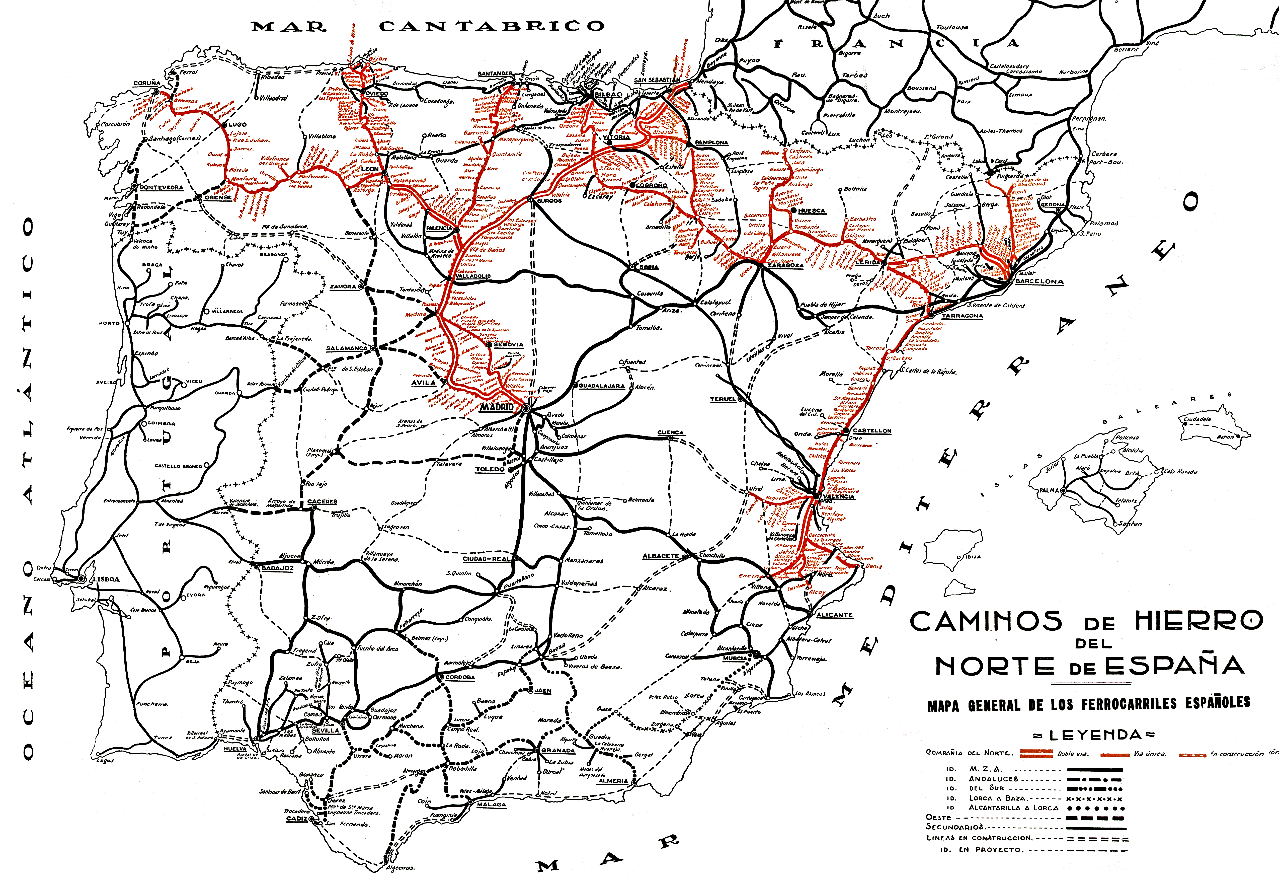 CAMINOS DE HIERRO DEL NORTE • MAPA GENERAL DE LOS FERROCARRILES ESPAÑOLES (1931)