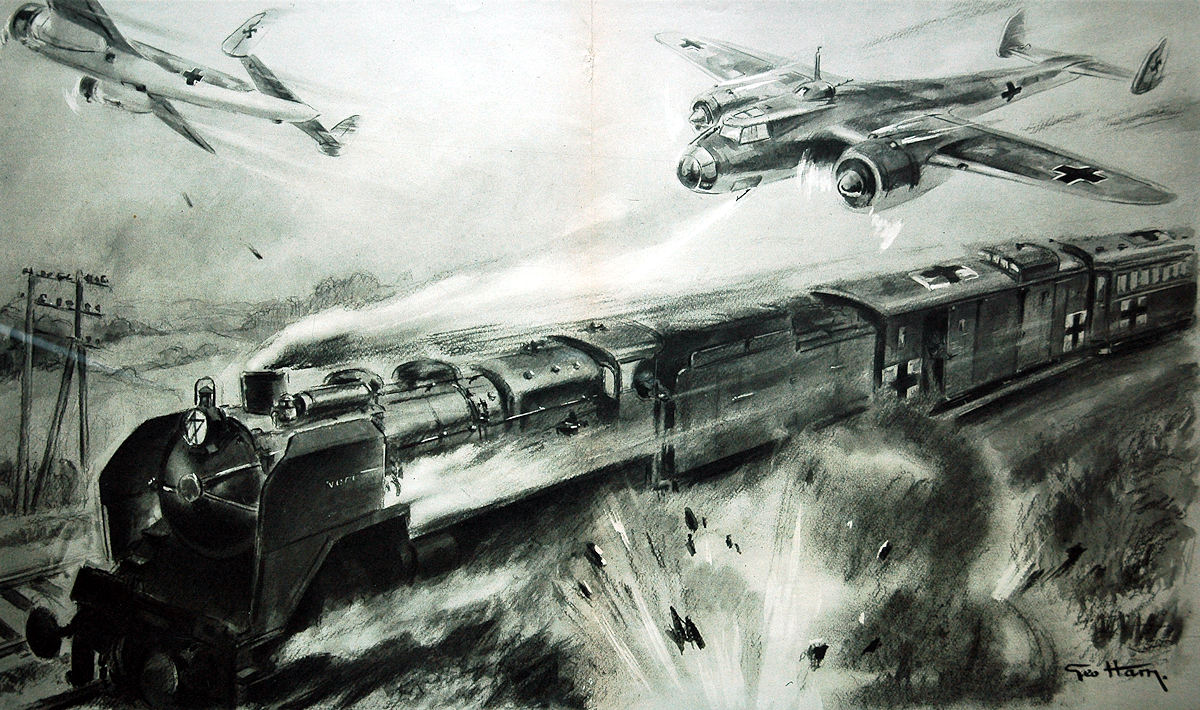 L'ILLUSTRATION DU 25 MAI 1940 • COMPOSITION DE GÉO HAM • UN TRAIN DE REFUGIÉS BELGES EN ROUTE POUR LA FRANCE EST POURSUIVI, BOMBARDÉ ET MITRAILLÉ PAR DES AVIONS ALLEMANDS